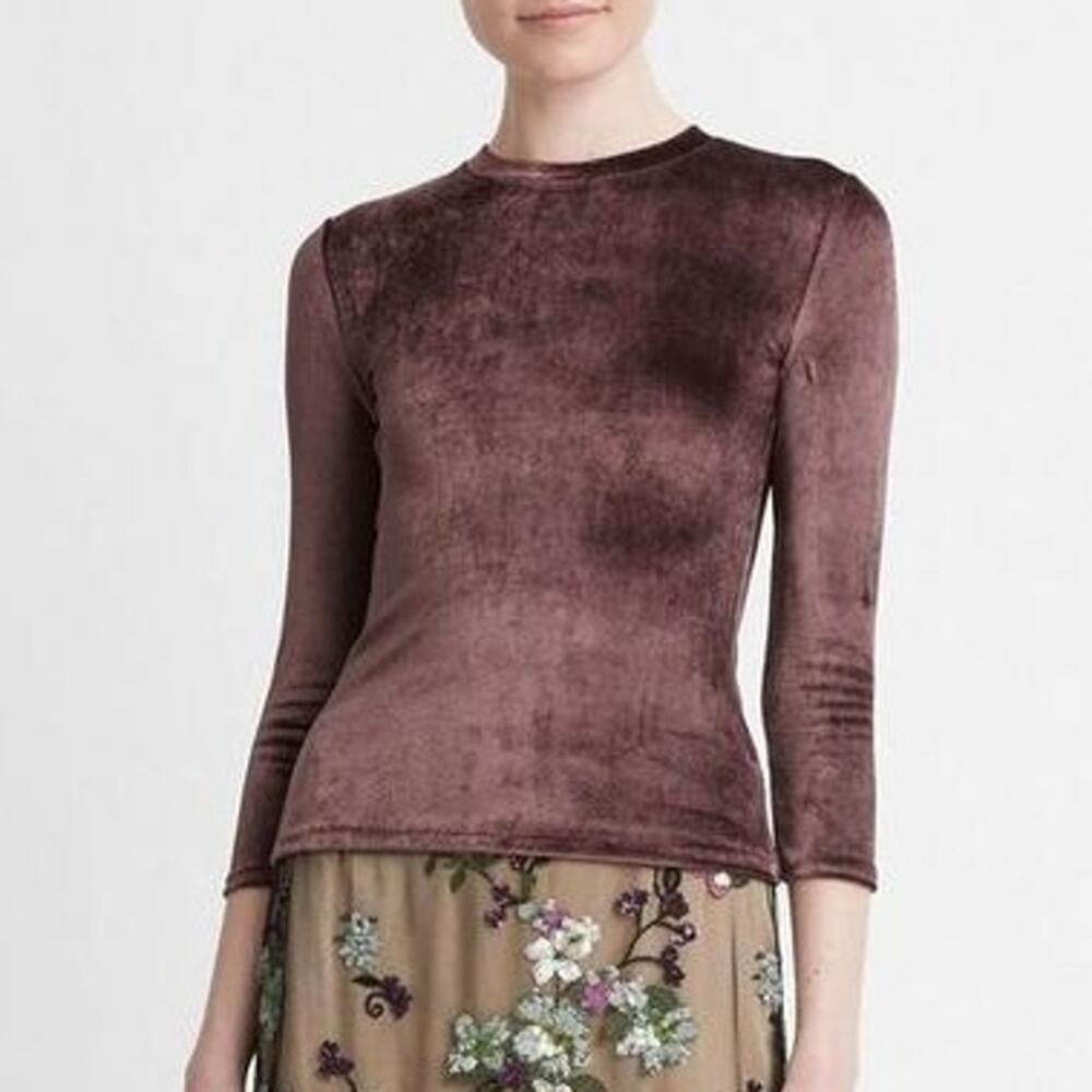 Vince Velour Three-Quarter-Sleeve Crew Neck Top Black Fig Size Medium NWT